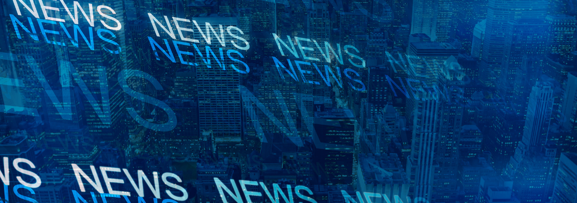 text reading NEWS over a blue background with print