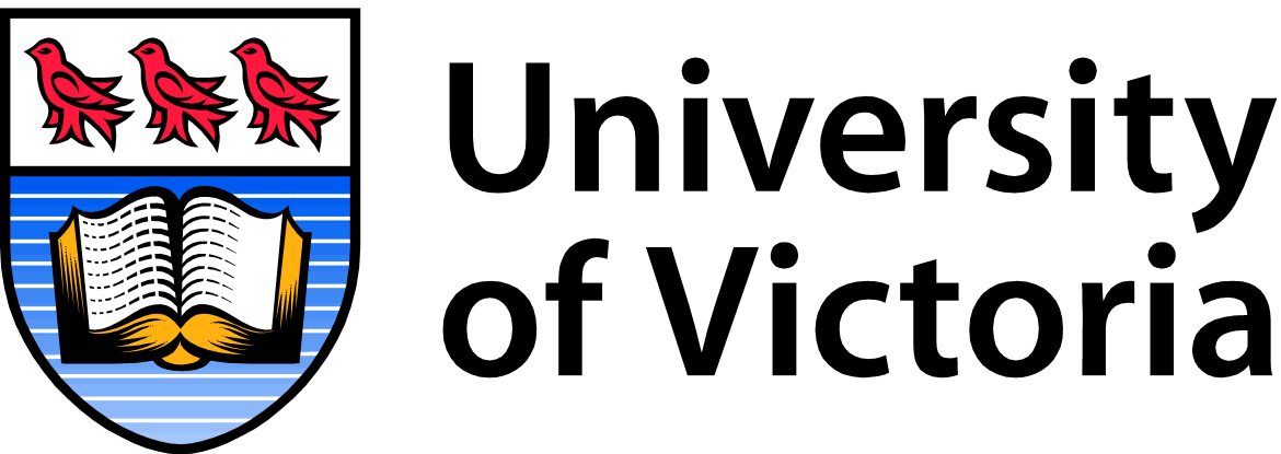 The UVic logo appears on the left side (three red martlets across the top of a crest, with an open book on a blue background below), with text reading University of Victoria to the right.
